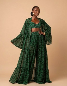 Emerald Animal-Print Three-Piece Set — Sheer Duster, Bralette &amp; Wide-Leg Palazzo Pants
