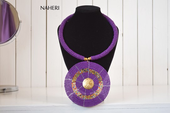 African purple beaded necklace disc pendant with brass