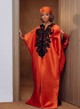 Amara Embroidered Bubu — Burnt Orange &amp; Black Satin Kaftan