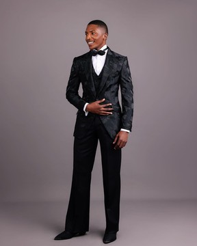 A Charcoal black, root &amp; scattered shape jacquard notch lapel suit