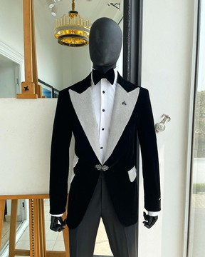 The “Jackson”, Charcoal black, Clear Crystal Trim bling layered peak lapel tuxedo suit