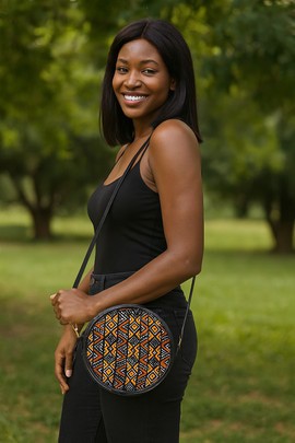 African Sling Bag Round Geometric Mud Cloth Print