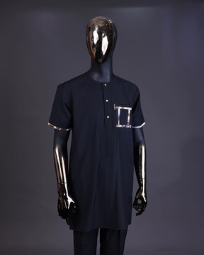 A charcoal black, front flap with gold Swarovski button, renaissance painting paisley kaftan