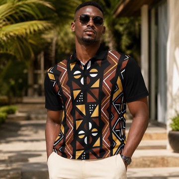 Bogolan Mudcloth Pattern Men's Heavyweight Polyester Polo Shirt | Mudcloth Apparel | Bynelo