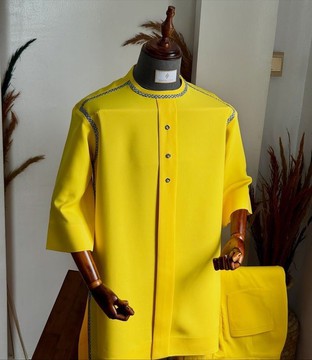Men's Bright Yellow Trim Detail Native Top and Trouser Set – Two-Piece Traditional Wear