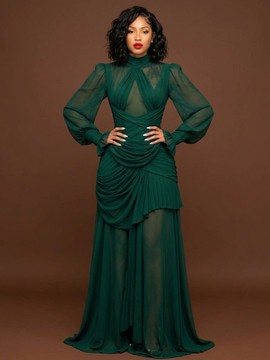 Robe de soirée vert émeraude à col montant, plissée et drapée