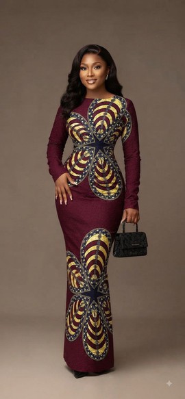Robe Ankara géométrique bordeaux et dorée