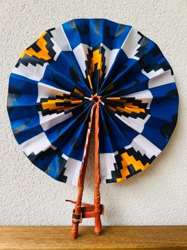 Éventail wax et cuir africain - bleu