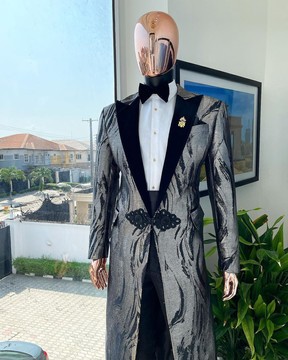 Trench metallic silver and black mix jacquard tuxedo peak lapel suit