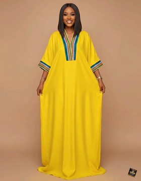 Saffron Vibrant Canary Yellow Kimono Kaftan with Striped Accents
