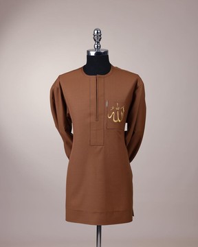 A Gingerbread brown, wide double lane flap &amp; embroidery detailing African senator kaftan native.
