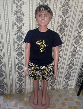 Navy African Kids Two-Piece Set – Cotton T-Shirt with Africa Design &amp; Gold Ankara Shorts