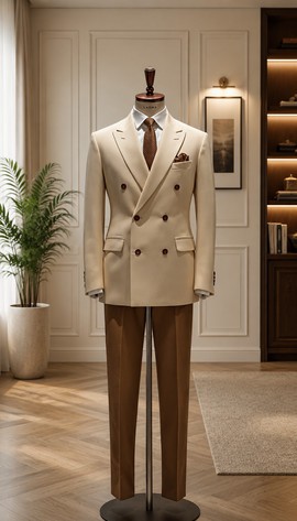 Costume formel deux pièces contrasté pour homme : blazer croisé crème avec pantalon camel
