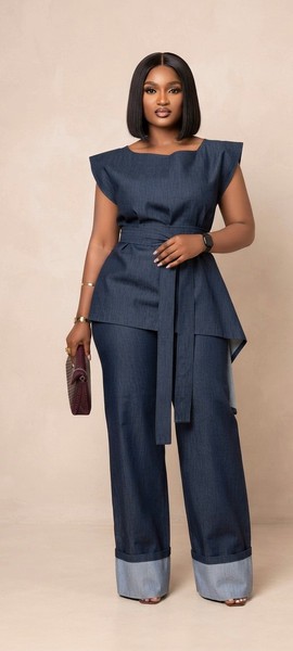 Women’s Denim Blue Wide-Leg Jumpsuit – Elegant Peplum Top with Waist Tie &amp; Turn-Up Hem