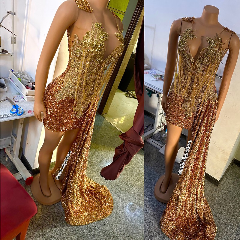 Sexy short birthday dress, short gold dress with train, short engagemen -  ANKA