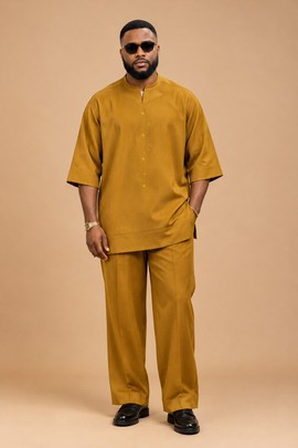 Ensemble deux pièces de kaftan marron moutarde pour homme – Tenue traditionnelle africaine élégante