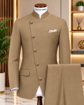 Men's Khaki Tan Prince Coat Suit – Cotton Blend Nehru Collar Asymmetric Button Blazer with Trousers"