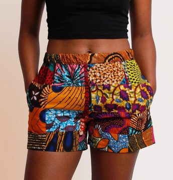 Vibrant Ankara Patchwork Elastic Waist Shorts with Pockets