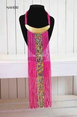 Collier de perles africaines, cravate à franges Tribal Hot Pink. Cadeau pour elle