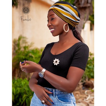 Turban, shawl, black and mustard yellow
