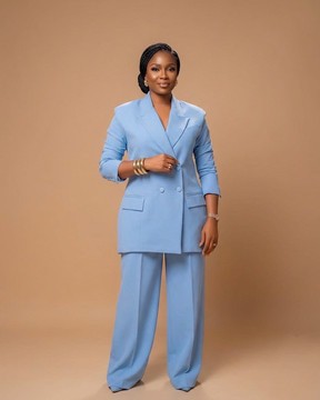 Sky Blue Double-Breasted Tailored Suit Set – Women's 2-Piece Longline Blazer &amp; Wide-Leg Trousers