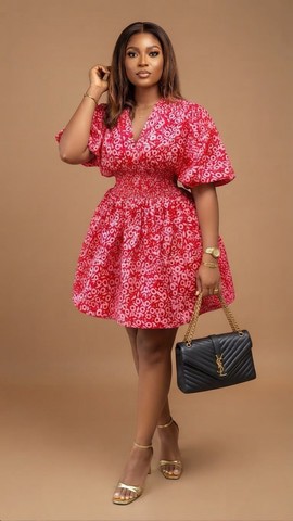 Red and Pink African Print Smocked Waist Mini Dress
