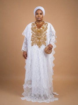Women Nigerian White Lace Boubou with Gold Embroidery