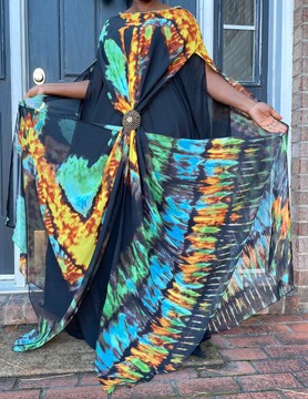 Black Multicolor Sheer Chiffon Flowy Maxi Dress with Beaded Neckline