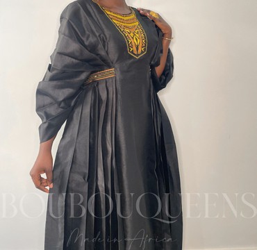 African Boubou Dress for Women "Idia" Black in Glazed Linen — With Scarf