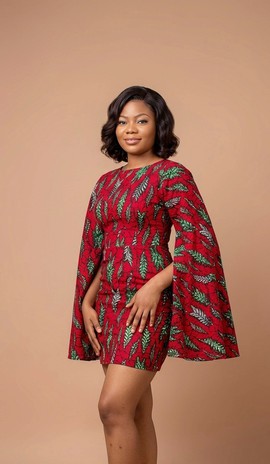 Red Christmas Leaf Print Mini Dress with Batwing Cape Sleeves