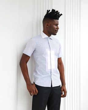 A short sleeve, boxed layered lilac and white, check casual shirt.
