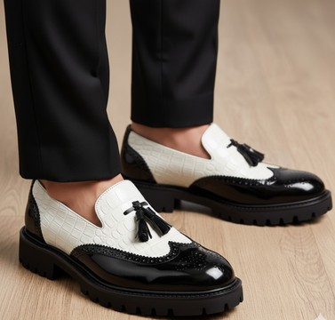 Men's Bi-Color Black &amp; White Patent Loafers with Tassel