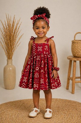 Robe enfant en wax, bandeau et chouchou – Modèle bogolan rouge