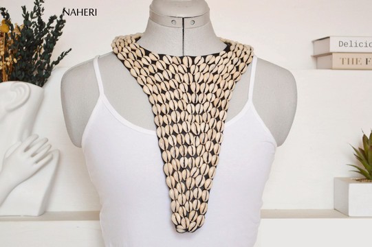 African pendant necklace cowrie shells and leather