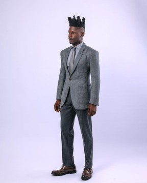 A knitted, grey, notch lapel, patch pocket business suit