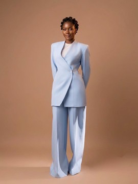 Sky Blue Wrap-Style Tailored Power Suit Set