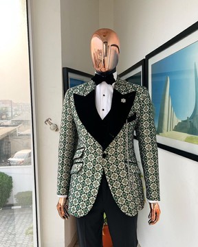A Pine, pistachio green &amp; black mix metallic jacquard, peak lapel tuxedo suit
