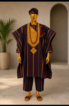 Ensemble Agbada Aso Oke bleu marine pour homme – Robe brodée de motifs géométriques dorés avec pantalon et bonnet
