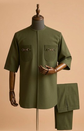 Men’s Olive Green Senator Wear Set – Luxury African Kaftan &amp; Trouser with Metal Detail Pockets