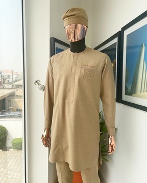 A tortilla brown, front flap &amp; ruffle pocket detailing african traditional Kaftan