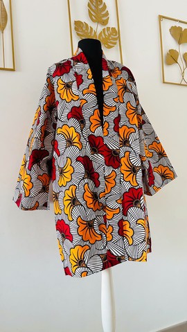 Kimono mi long en wax rouge et jaune