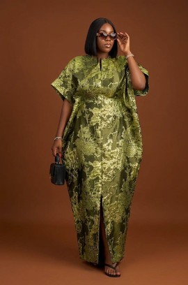 Olive Green Brocade Kaftan Dress – Elegant African Boubou with Structured Fit