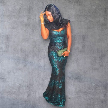 Robe longue en dentelle de luxe à sequins et perles pour femme africaine, pour mariages/occasions spéciales/bals de promo