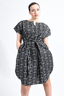 Robe Caftan Avec Poches-Imprimé Wax Bogolan Noir et Blanc