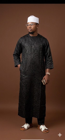 Midnight Onyx Jacquard Agbada-Style Kaftan Ensemble