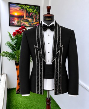 OKXEEL Black Crystal Shawl Lapel Tuxedo Suit