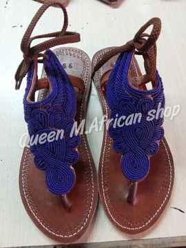 Femmes africaines Maasai bleu gladiateur sandales / cuir / plat / sandales marron