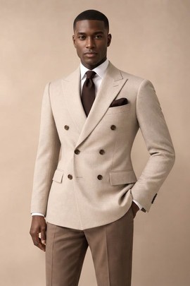 Veste de costume croisée crème avec pantalon marron