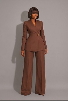 Chocolate Brown Tailored Wrap Blazer &amp; Wide-Leg Pants Suit Set – Women's Office Suit