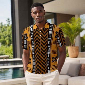 Bogolan Cowrie Print Men's Heavyweight Polyester Polo Shirt | Afro Heritage Apparel | Bynelo